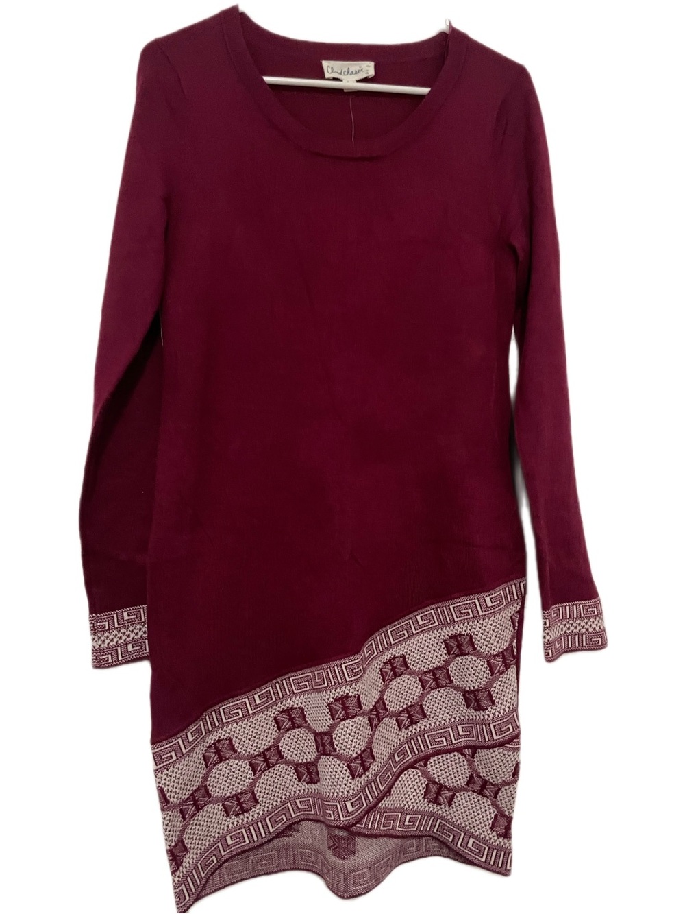 Cloud Chaser Burgundy Long-Sleeve Knit Dress with Patterned Hem